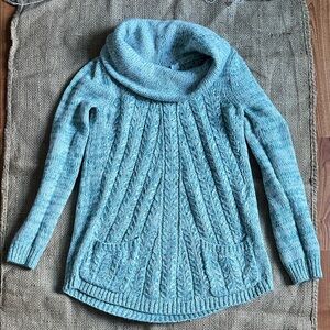 Cozy Cable-Knit Cowl Neck Sweater - Light Blue